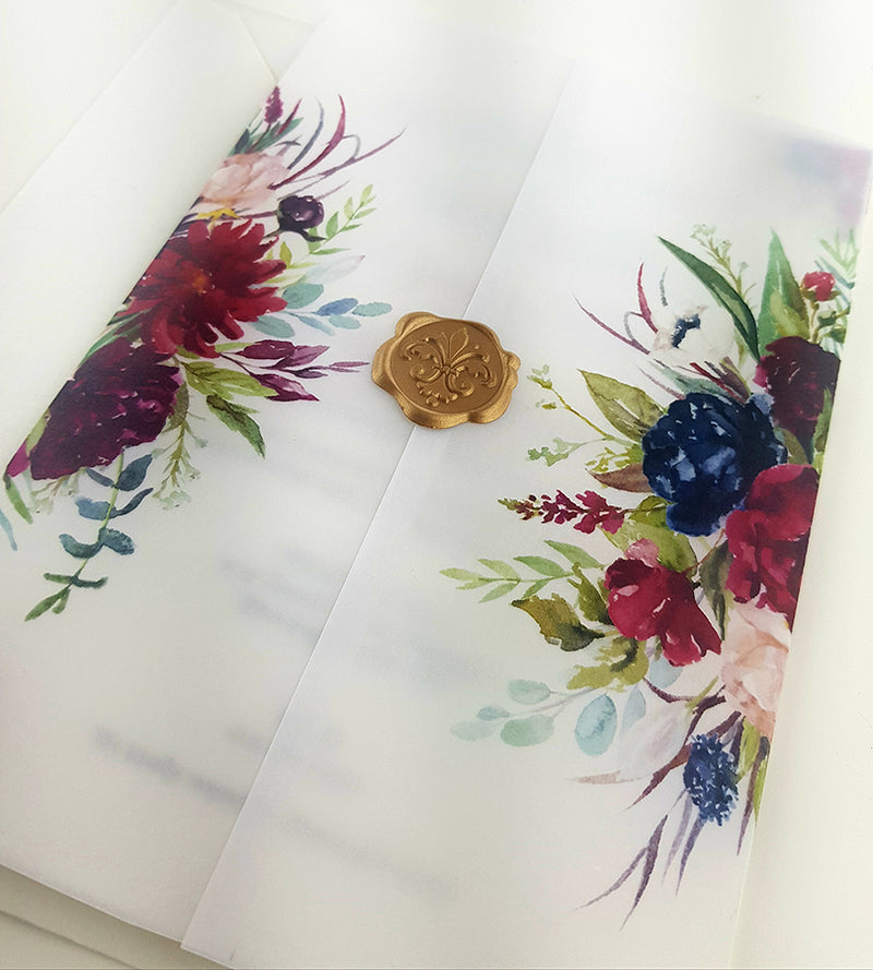 ABC 987 Translucent Floral Vellum Invitation with Gold Wax Seal