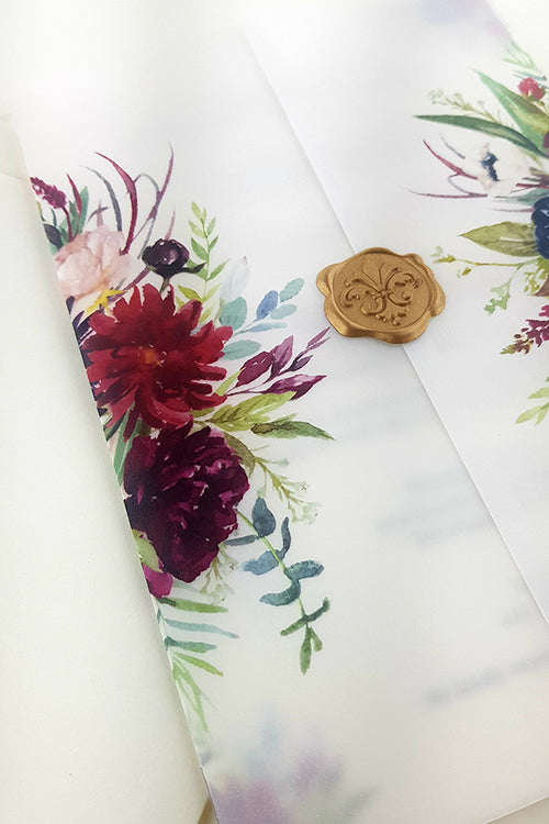 Load image into Gallery viewer, ABC 987 Translucent Floral Vellum Invitation with Gold Wax Seal
