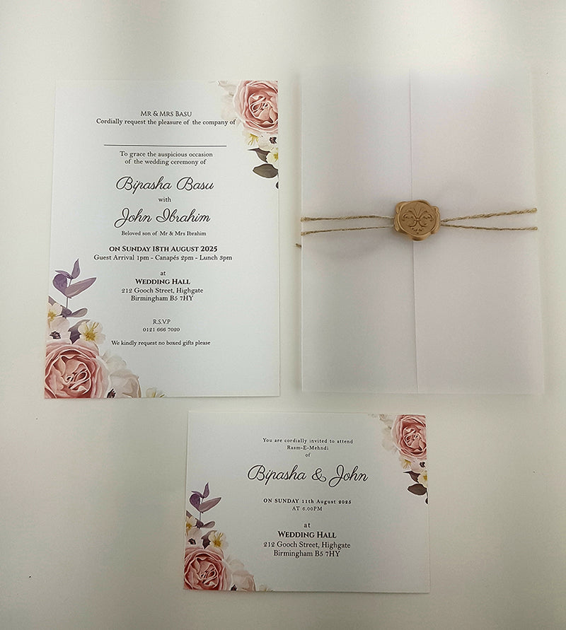 ABC 988 Translucent Floral Vellum Invitation with Gold Wax Seal