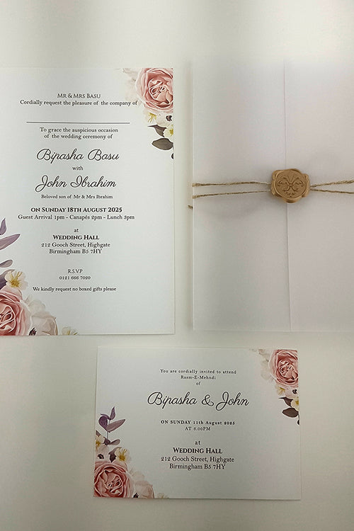 Load image into Gallery viewer, ABC 988 Translucent Floral Vellum Invitation with Gold Wax Seal
