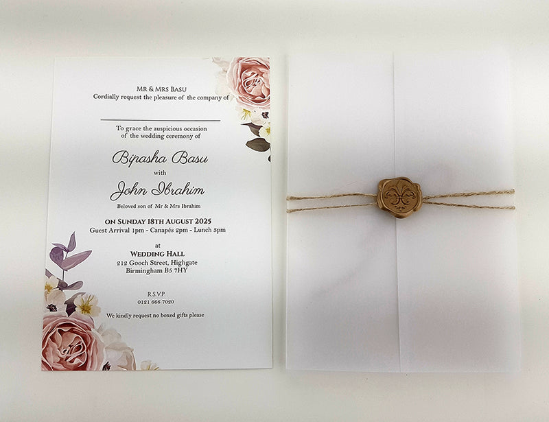 ABC 988 Translucent Floral Vellum Invitation with Gold Wax Seal