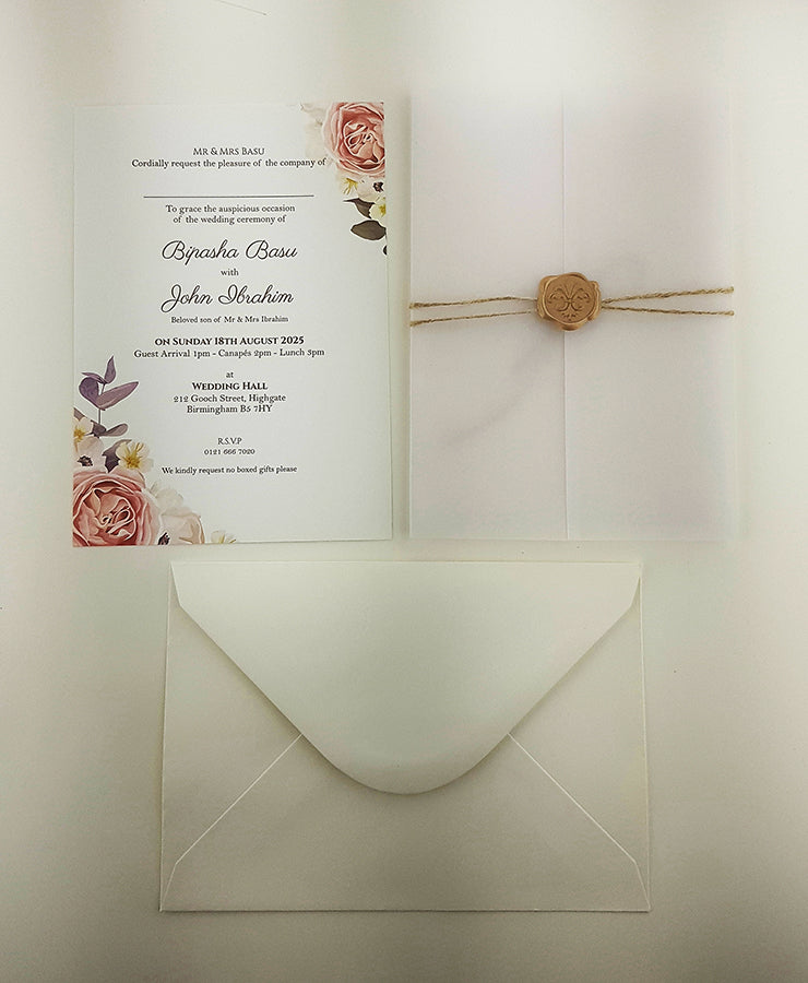 ABC 988 Translucent Floral Vellum Invitation with Gold Wax Seal