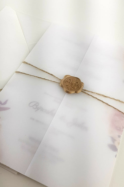Load image into Gallery viewer, ABC 988 Translucent Floral Vellum Invitation with Gold Wax Seal
