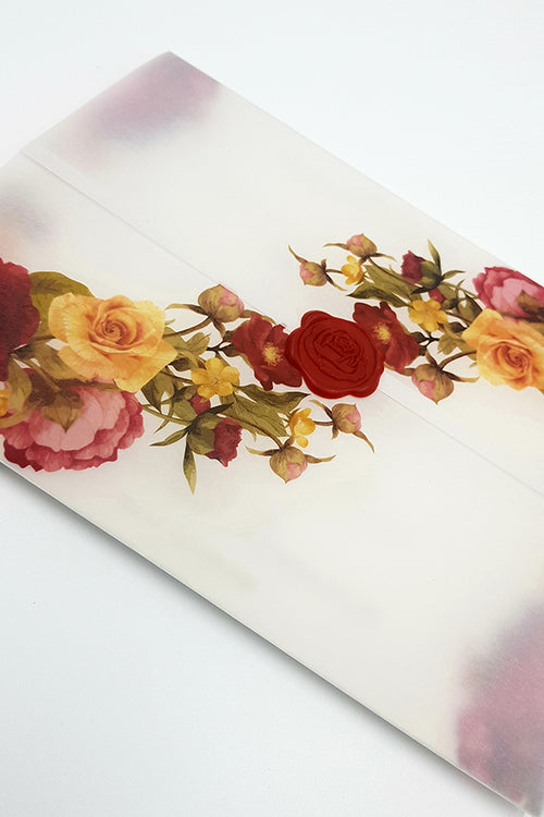 Load image into Gallery viewer, ABC 989 Translucent Rose Vellum Invitation with Red Rose Wax Seal
