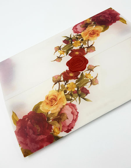 ABC 989 Translucent Rose Vellum Invitation with Red Rose Wax Seal