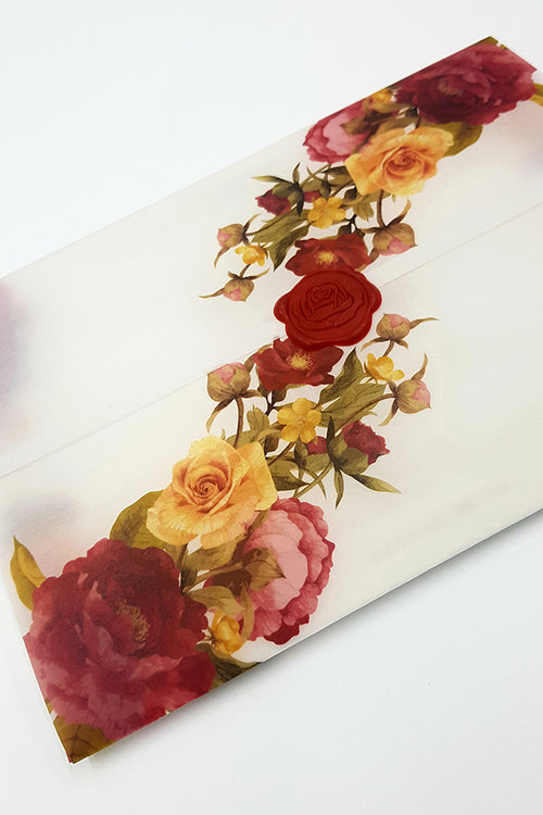 Load image into Gallery viewer, ABC 989 Translucent Rose Vellum Invitation with Red Rose Wax Seal
