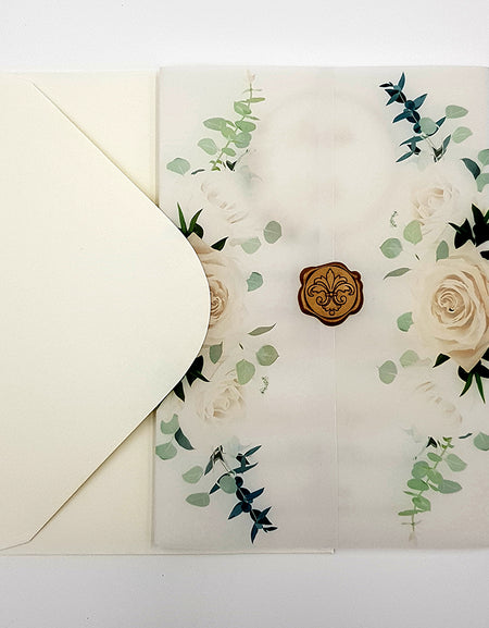 ABC 990 Translucent Floral Vellum Invitation with Gold Wax Seal
