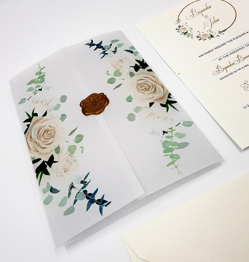 ABC 990 Translucent Floral Vellum Invitation with Gold Wax Seal