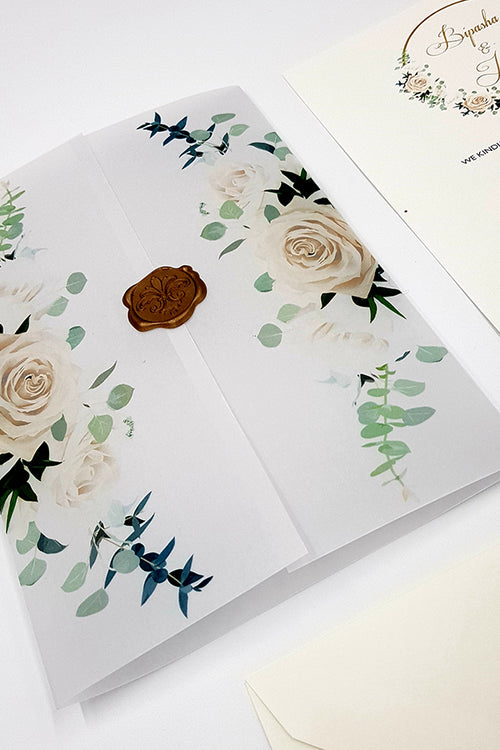 Load image into Gallery viewer, ABC 990 Translucent Floral Vellum Invitation with Gold Wax Seal
