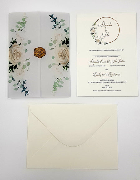 ABC 990 Translucent Floral Vellum Invitation with Gold Wax Seal