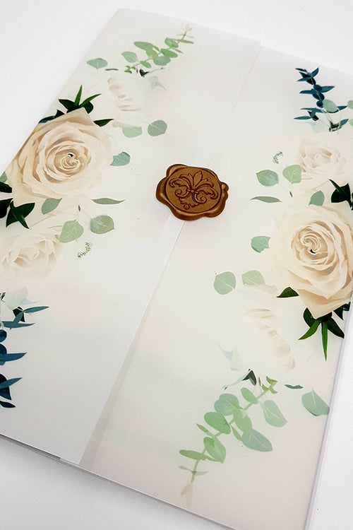 Load image into Gallery viewer, ABC 990 Translucent Floral Vellum Invitation with Gold Wax Seal
