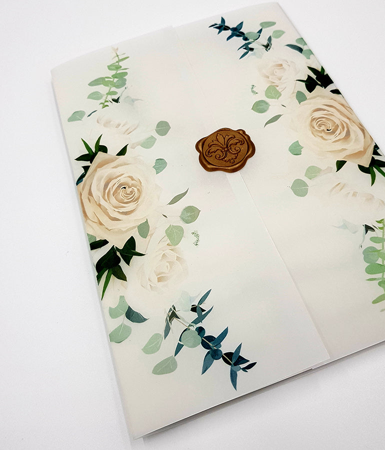 ABC 990 Translucent Floral Vellum Invitation with Gold Wax Seal