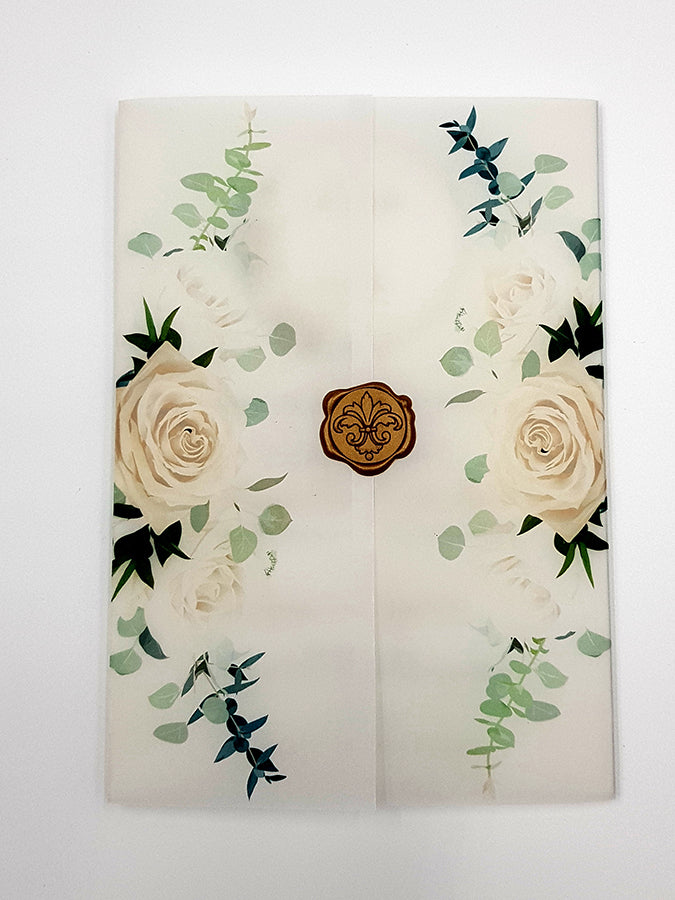 ABC 990 Translucent Floral Vellum Invitation with Gold Wax Seal