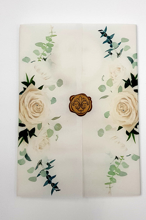 Load image into Gallery viewer, ABC 990 Translucent Floral Vellum Invitation with Gold Wax Seal
