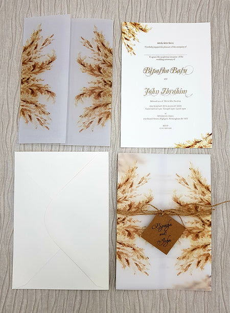 Translucent Pampas Grass Print Vellum Invitation with Gold Faux Wax Seal ABC 1086