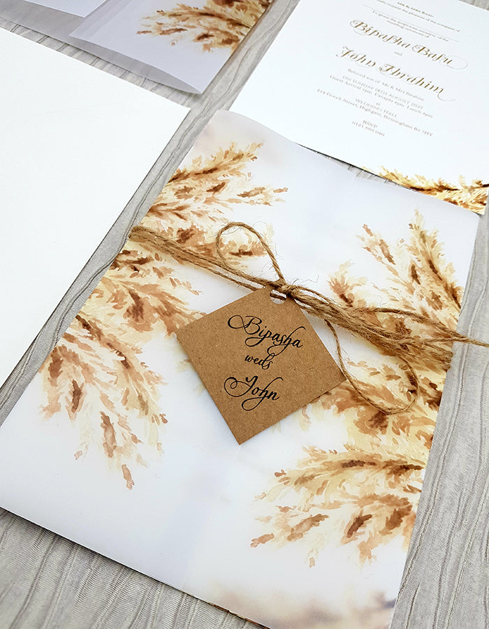 Translucent Pampas Grass Print Vellum Invitation with Gold Faux Wax Seal ABC 1086