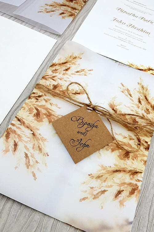 Load image into Gallery viewer, Translucent Pampas Grass Print Vellum Invitation with Gold Faux Wax Seal ABC 1086

