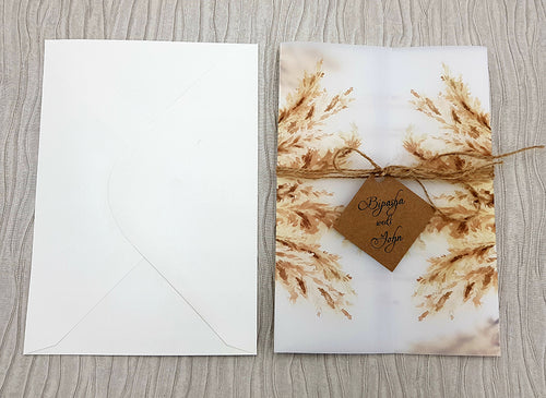 Load image into Gallery viewer, Translucent Pampas Grass Print Vellum Invitation with Gold Faux Wax Seal ABC 1086

