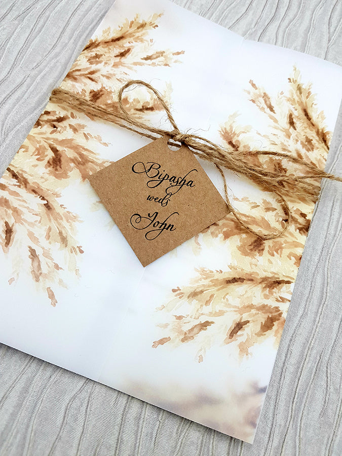 Translucent Pampas Grass Print Vellum Invitation with Gold Faux Wax Seal ABC 1086