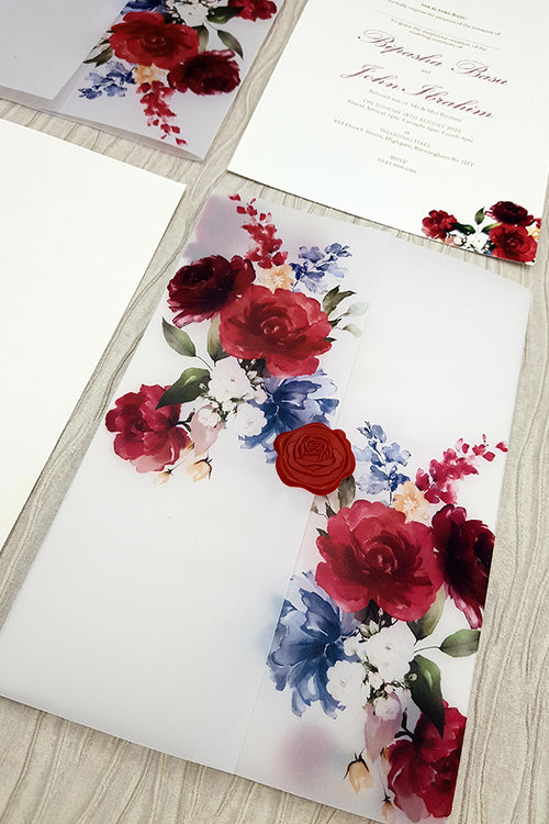 Load image into Gallery viewer, Translucent Floral Vellum Invitation Supplied with Red Wax Seal ABC 1088
