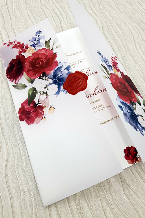 Load image into Gallery viewer, Translucent Floral Vellum Invitation Supplied with Red Wax Seal ABC 1088
