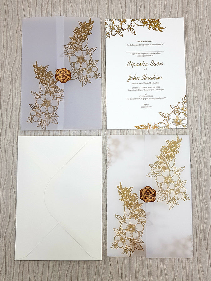 Vellum Translucent hand drawn Floral Invitation with Gold Faux Wax Seal ABC 1089