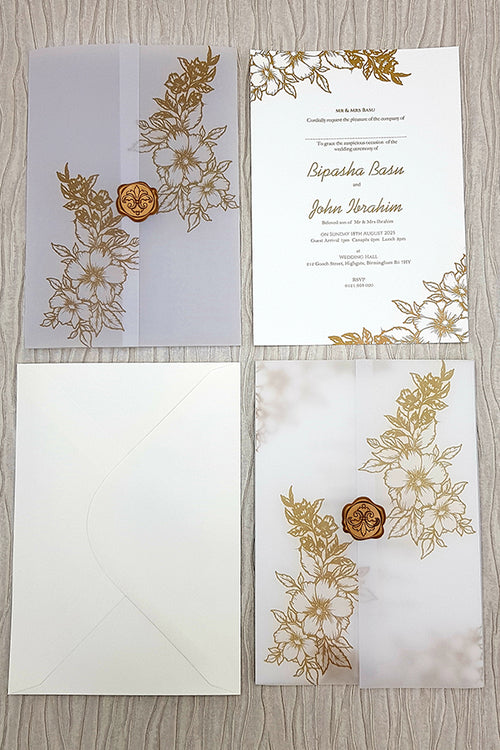 Load image into Gallery viewer, Vellum Translucent hand drawn Floral Invitation with Gold Faux Wax Seal ABC 1089
