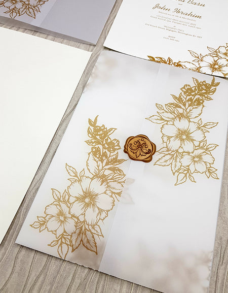 Vellum Translucent hand drawn Floral Invitation with Gold Faux Wax Seal ABC 1089