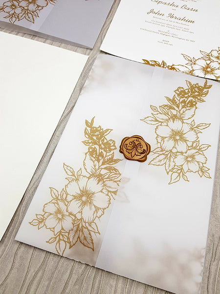 Vellum Translucent hand drawn Floral Invitation with Gold Faux Wax Seal ABC 1089