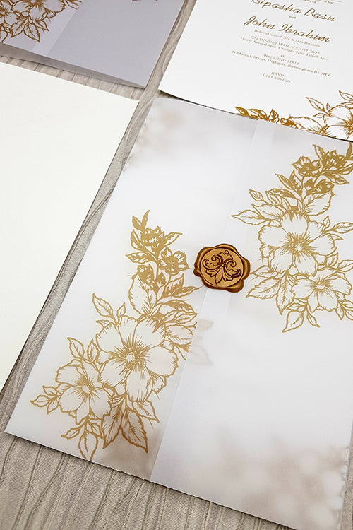 Load image into Gallery viewer, Vellum Translucent hand drawn Floral Invitation with Gold Faux Wax Seal ABC 1089
