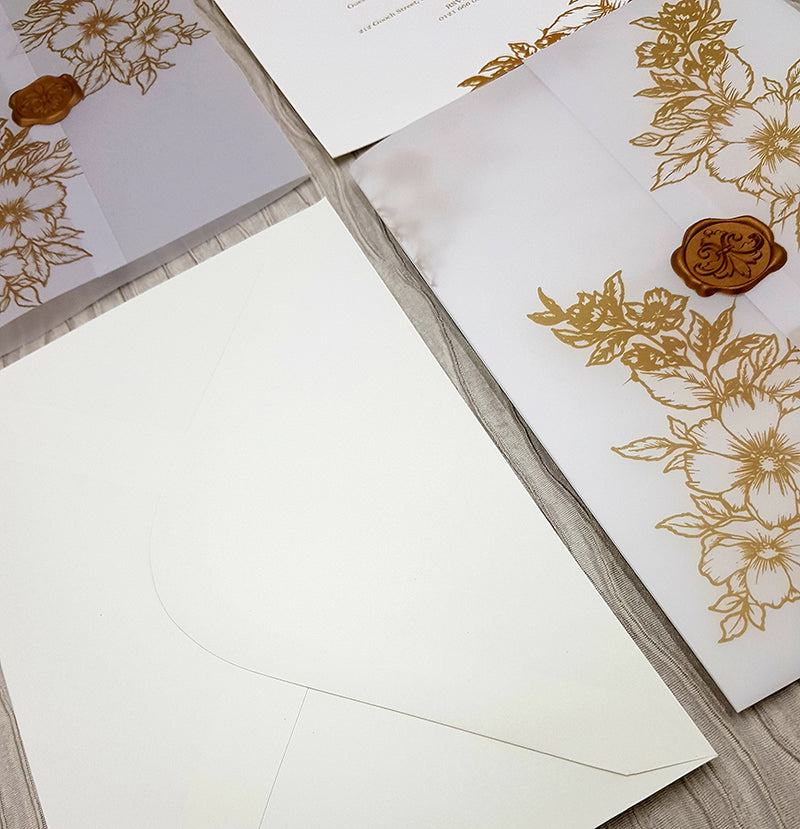 Vellum Translucent hand drawn Floral Invitation with Gold Faux Wax Seal ABC 1089
