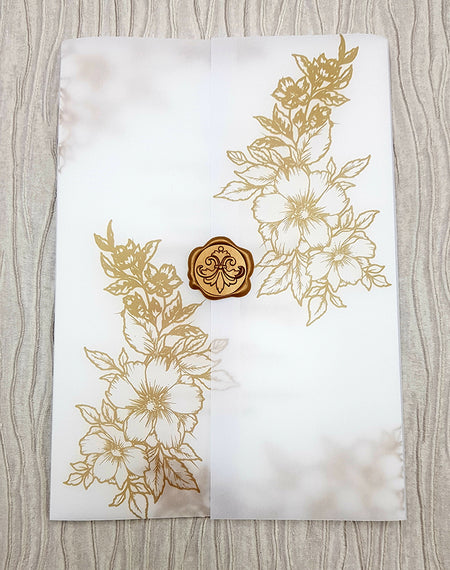 Vellum Translucent hand drawn Floral Invitation with Gold Faux Wax Seal ABC 1089