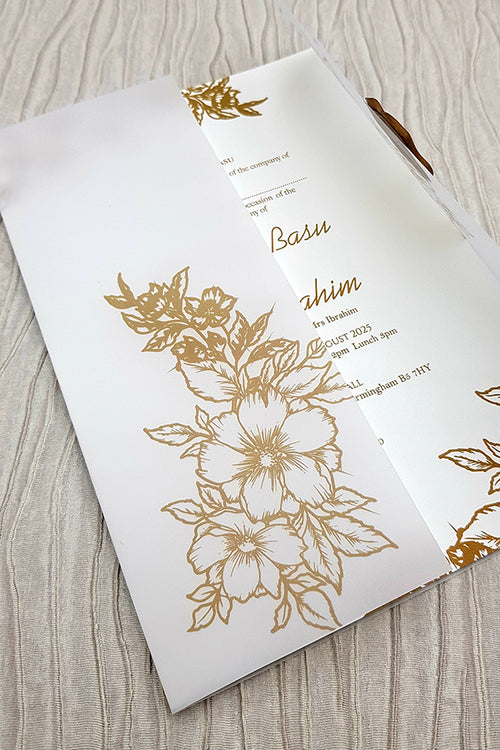 Load image into Gallery viewer, Vellum Translucent hand drawn Floral Invitation with Gold Faux Wax Seal ABC 1089
