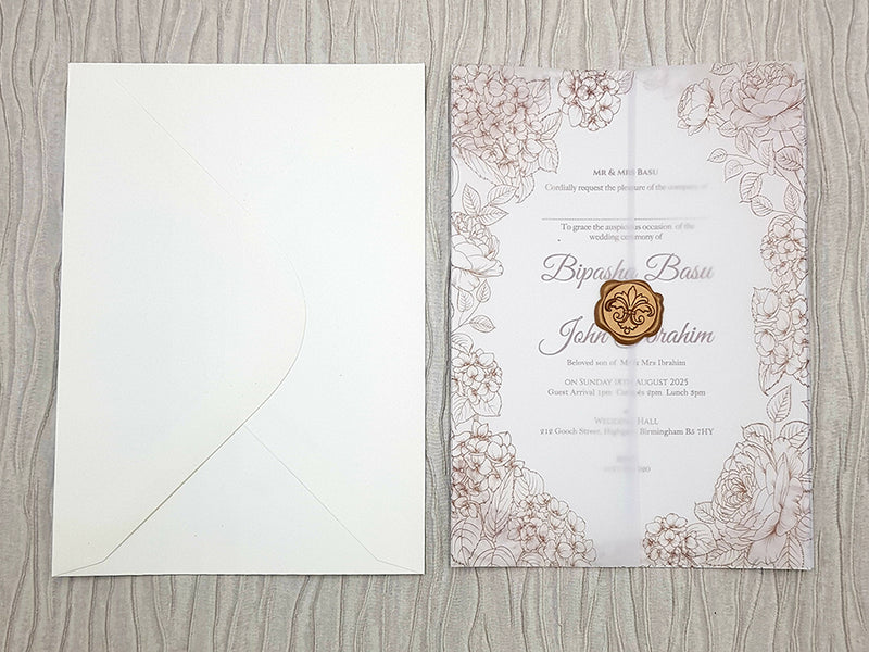Hand Drawn Floral outline doodle Vellum Invitation with Gold Faux Wax Seal ABC 1090