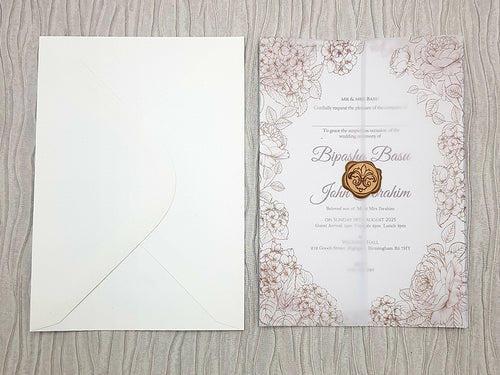 Load image into Gallery viewer, Hand Drawn Floral outline doodle Vellum Invitation with Gold Faux Wax Seal ABC 1090
