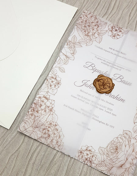 Front view of ABC 1090 Hand-Drawn Floral Outline Doodle Vellum Invitation, showcasing delicate floral doodles on translucent vellum with a gold faux wax seal for a luxurious and elegant look.