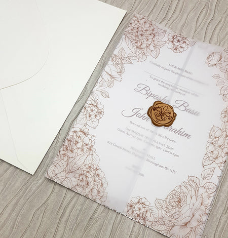 Front view of ABC 1090 Hand-Drawn Floral Outline Doodle Vellum Invitation, showcasing delicate floral doodles on translucent vellum with a gold faux wax seal for a luxurious and elegant look.