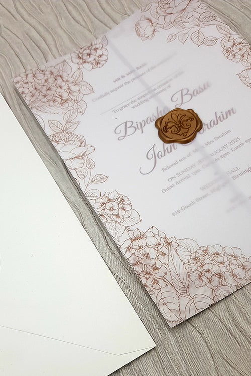 Load image into Gallery viewer, Hand Drawn Floral outline doodle Vellum Invitation with Gold Faux Wax Seal ABC 1090
