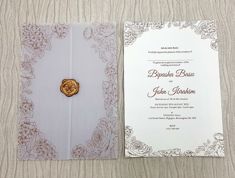 Hand Drawn Floral outline doodle Vellum Invitation with Gold Faux Wax Seal ABC 1090
