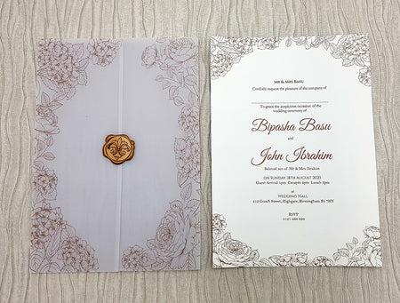 Open view of ABC 1090 Vellum Invitation, revealing hand-drawn floral outlines and event details, complemented by a gold faux wax seal, creating a romantic and sophisticated design shadicards Birmingham