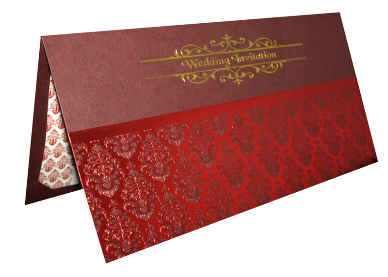Damask Design letterpress foiled Gold and Burgundy Wedding Invitation ABC 689