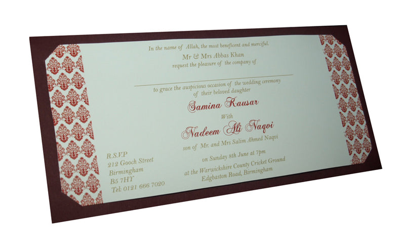 Damask Design letterpress foiled Gold and Burgundy Wedding Invitation ABC 689