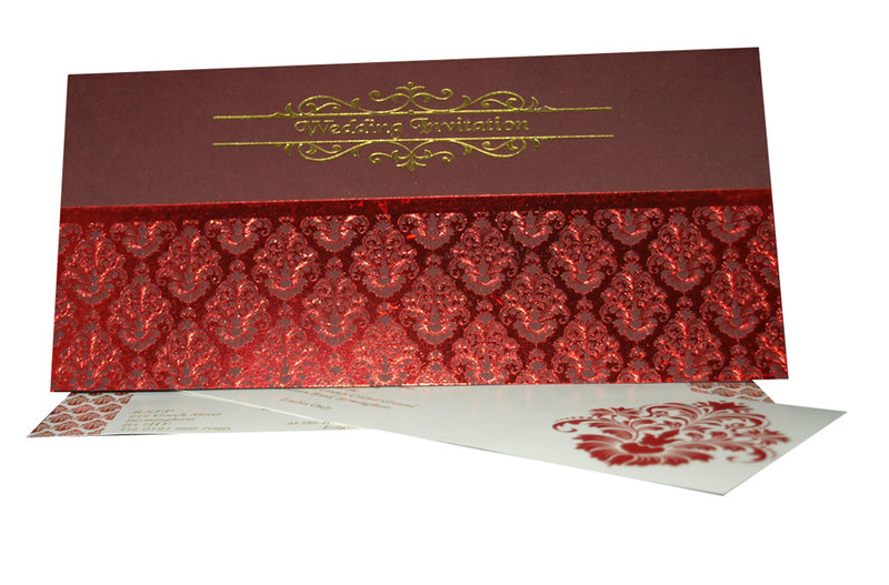 Damask Design letterpress foiled Gold and Burgundy Wedding Invitation ABC 689