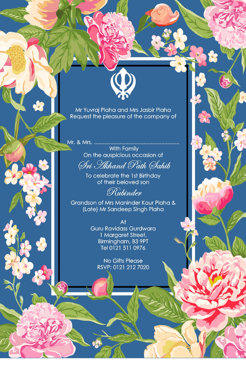 Lovely Watercolour flowers Sikh Akhand Path invitation in Blue BA 154