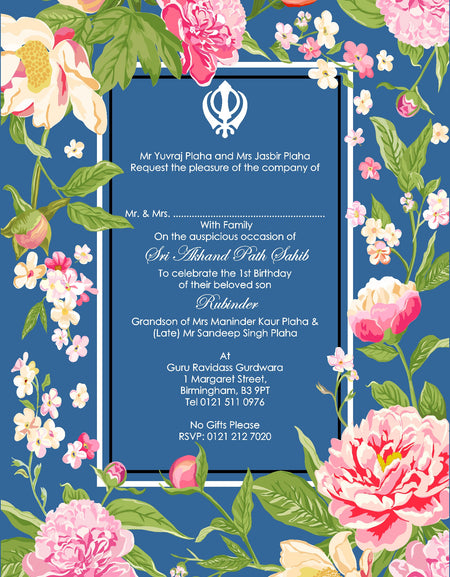 Lovely Watercolour flowers Sikh Akhand Path invitation in Blue BA 154