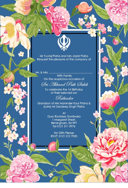 Lovely Watercolour flowers Sikh Akhand Path invitation in Blue BA 154