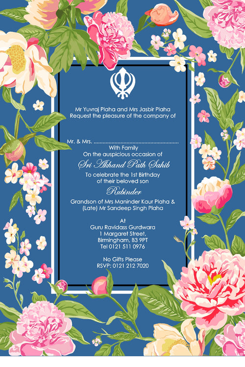 Load image into Gallery viewer, Lovely Watercolour flowers Sikh Akhand Path invitation in Blue BA 154

