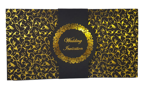 Load image into Gallery viewer, Black and Gold floral Band wedding invitation ABC 705
