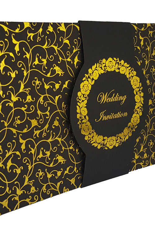 Load image into Gallery viewer, Black and Gold floral Band wedding invitation ABC 705
