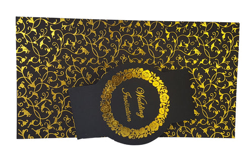 Load image into Gallery viewer, Black and Gold floral Band wedding invitation ABC 705
